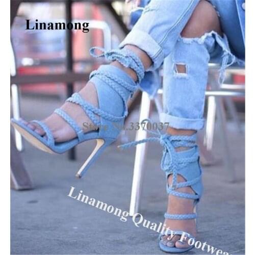 Linamong Charming Braided Ropes Stiletto Heel Gladiator Sandals Blue Brown Pink Lace-up Ankle Wrap High Heel Sandals