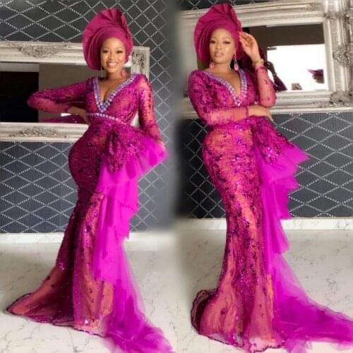 Deep V Neck Fuchsia Mermaid Prom Dresses Aso Ebi Lace Long Sleeves See Through Evenin Gowns Tulle Sweep Train Robe De Soiree