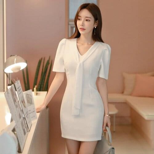 2020 Summer Business Bodycon Women Dress White Short Sleeve V Neck Classy Mini Dress Office Lady Elegant Sexy Party Dresses