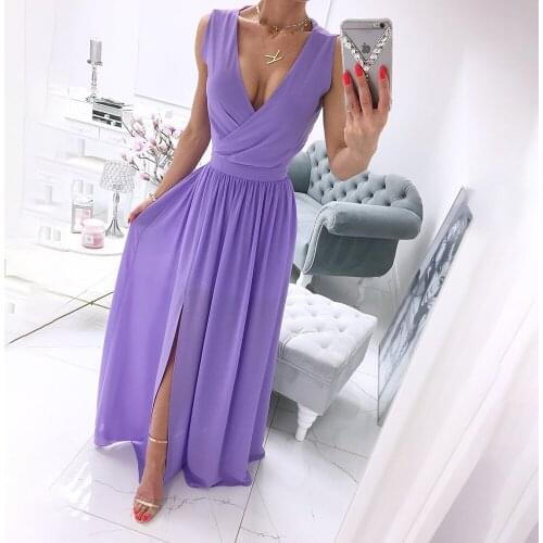 Womens Summer Sexy Deep V-neck Sleeveless Maxi Dress Fashion Solid Slim Split Fork Club Ladies Party Long Dresses Robe Femme