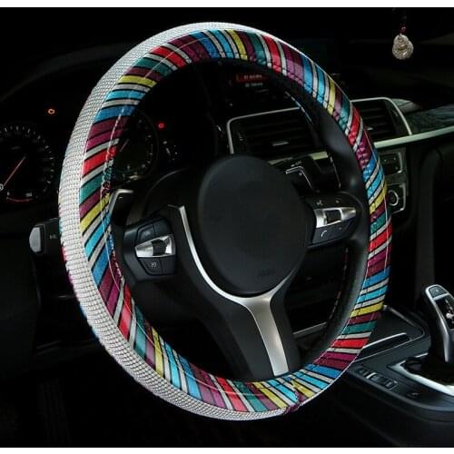 Luxury Diamond Colorful leather Universal Bling Bling Rhinestone Steering Wheel Cover for Girls Car Accessories