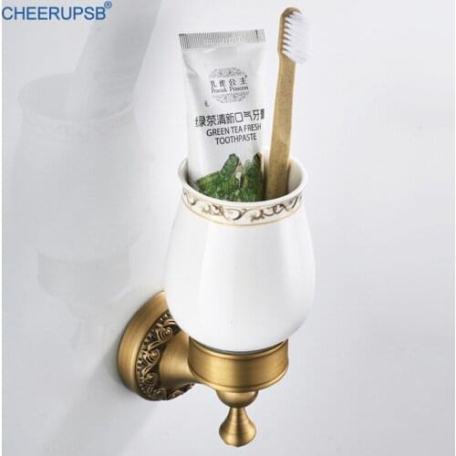 Vintage Tumbler Toothbrush Holder Bathroom Gold Cup Holder Wall Mount Single Mouth Cup Stand Copper Brushed Cup Support Hanger
