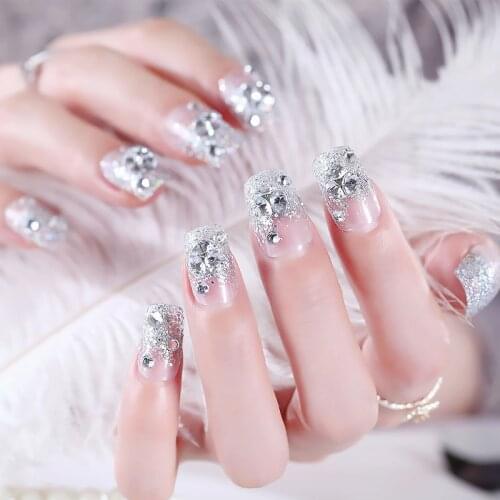 Girls Shining Rhinestones Fashion False Nail DIY Glitter Acrylic Full Cover Nail Art Tips with Glue Wedding Beauty Fake Nails
