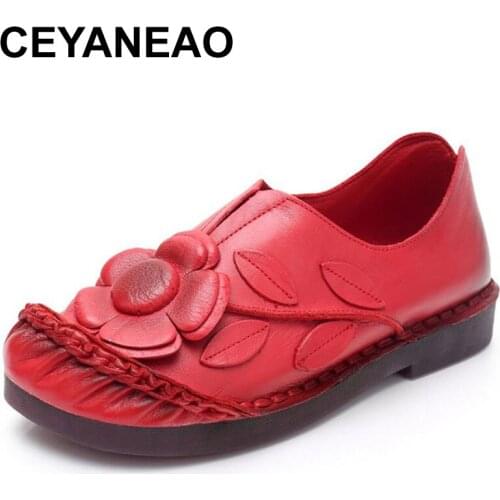 CEYANEAOWomen Flats New Genuine Leather Flat Shoes Woman Handmade Leather Loafers Fashion Flower Design Casual Women Shoes E1181