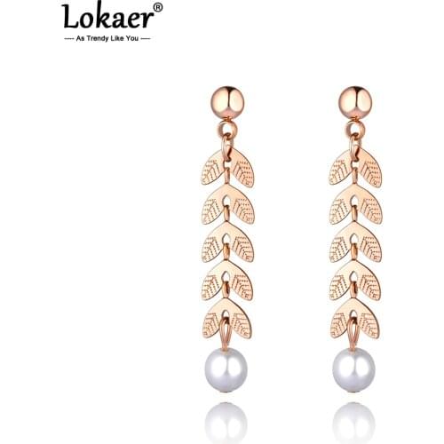 Lokaer Fashion Titanium Stainless Steel White Simulated Pearl Earrings For Women Girls Rose Gold Leaves Party Earrings E20124