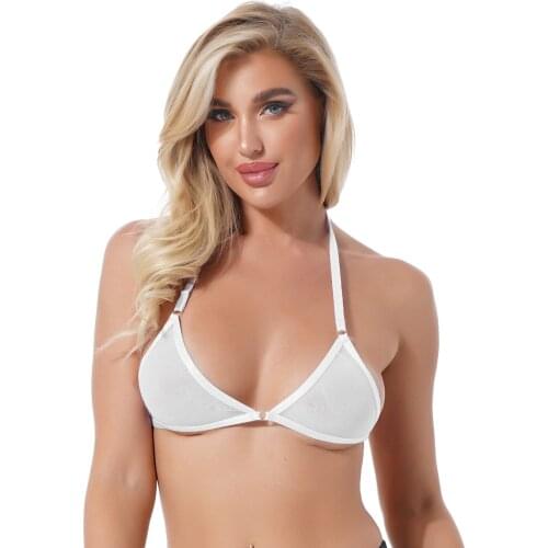 Women See-Through Mesh Unlined Wireless Bra Underwear Adjustable Straps Halter Brassiere Bikini Top