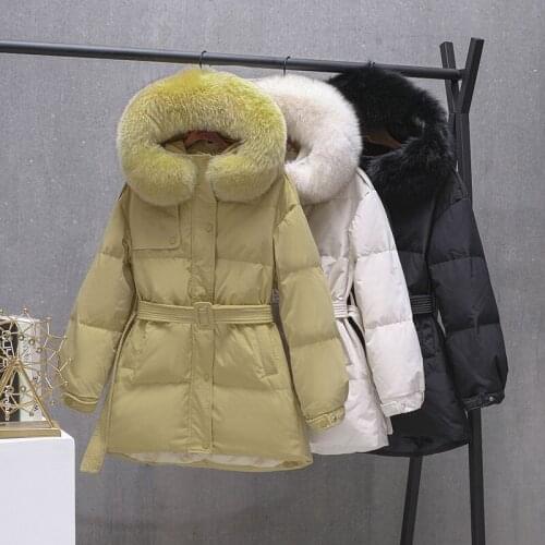 Natural fox fur women down jacket real fur with hooded middle long warm coat waisted fashionable Korean yellow parka outerwear