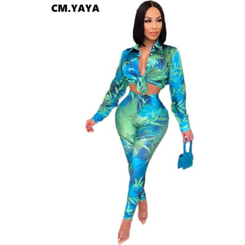 CM.YAYA Autumn Letter Leaf Print Womens Set Blouses Shirt Legging Pants Suit Active Wear Tracksuit Two Piece Set Fitness Outfit