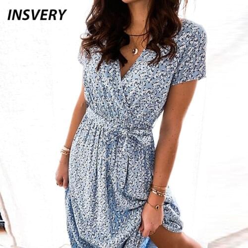 Sexy Party Dress Women Short Sleeve Summer Deep V Neck Bohemian Dresses For Women Fashion Vintage Floral Print Dress 2021