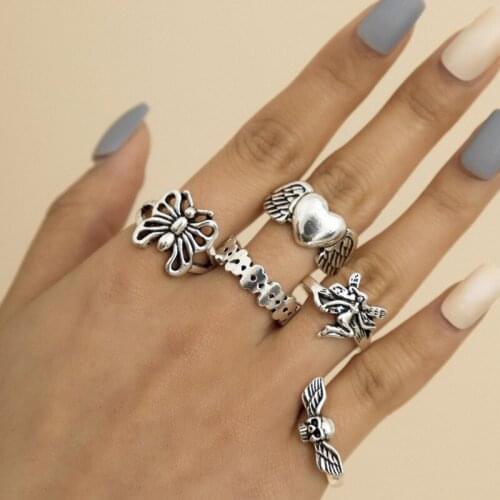5 PCS Womens Rings Set Vintage Butterfly Heart Ring Angel Hematite Ring Punk Style Personality Jewelry For Women Accessories