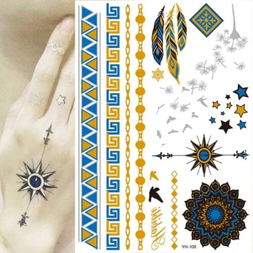 Flash Metallic Waterproof Tattoo Gold Silver Women Fashion Henna Temporary Tattoo Stick Pastert Feather dandelion flowers