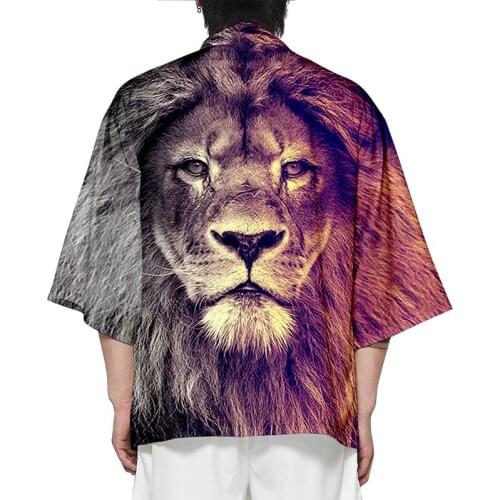 Lion Animal Gradient Kimono Fashion Hip Hop 3d Print Shirt Men Seven Point Sleeve Tops Casual Sports Cardigan Jackets Streetwear
