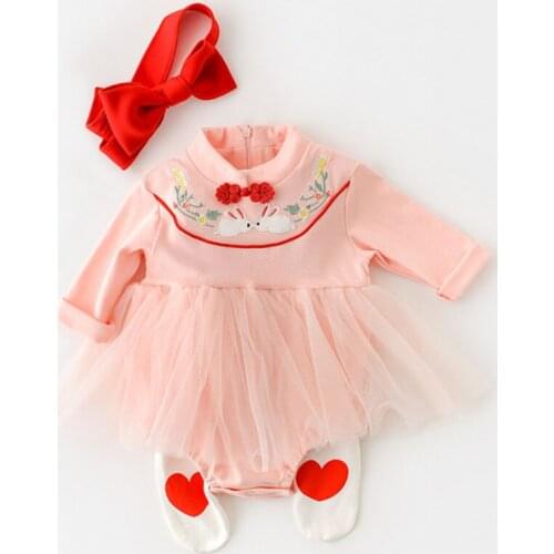 Chinese Style Spring Kids Girl Rompers Infant Baby Girl Newborn Rabbit Embroidery Rompers Clothes Baby Girl Rompers