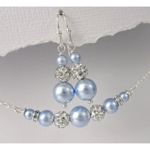 Fashion Temperament Baby Blue Pearl Jewelry Set Pearl Crystal Necklace & Earrings Set