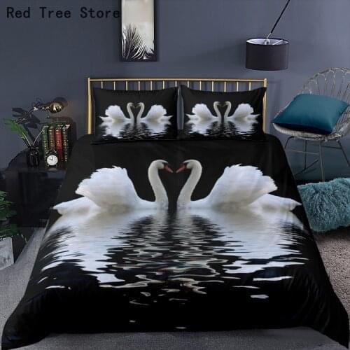 White Swan Luxury Black Duvet Cover 3D Comforter Bedding Set Bird Crane Printed Quilt Covers Microfiber Kids Adult Bedclothes