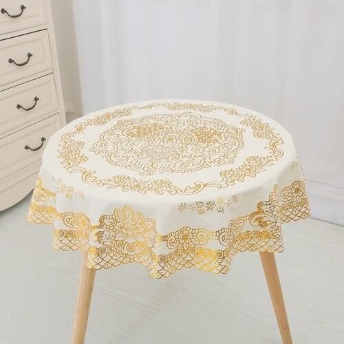 BEI 90cm round European gold stamp PVC tablecloth round plastic white silver Hollow out luxury tablecloth Heat oil resistan