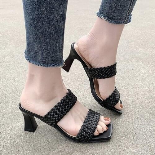 Summer Women High Heels Slippers Fashion Chunky Heels Woman Sandals Plus Size Black Red Solid Color Casual Ladies Shoes