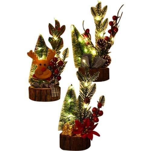 Mini Christmas Tree With Light Elk Xmas Flower Pine Nut Pattern LED Christmas Decoration Trees Ornament