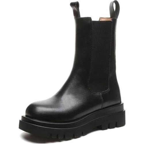 2021 Autumn Winter New Women Boots Black Thick-Soled Increased Leather Martin Boots Womens Lightweight Shoes