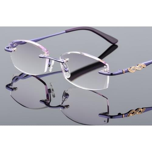 2019 Hot Sale Luxurious Women Rhinestone Rimless Reading Glasses High Woman Gradient Purple Readers Presbyopic Eye +1 +1.5~+4.0