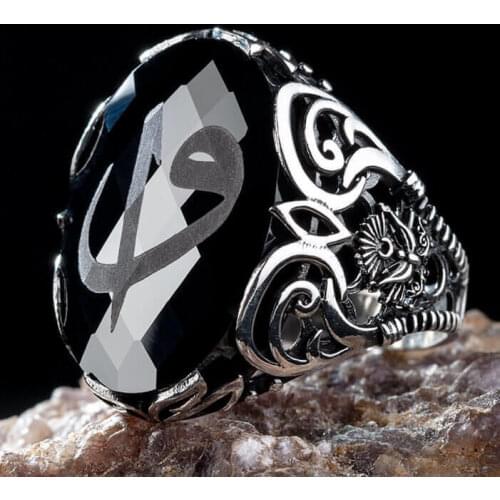 925 Sterling Silver Facet Cut Black Zircon Stone Mens Ring Arabic Alif-Wav with Letter Ottoman Crest Ring for men