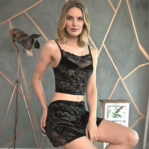 Very Attractive Black Color Lace Detailed Sleeveless Belly Open Shorts 2 Piece Velvet Pajamas For Women Fashion 2021 Lounge Wear