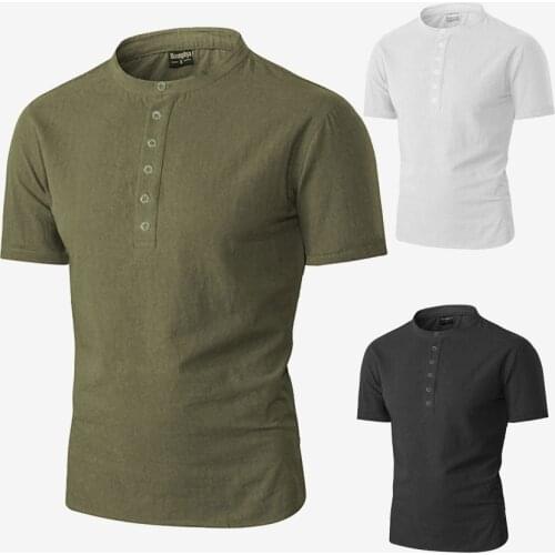 New Mens Cotton Linen Short Sleeve Solid Collar Slim Shirt Summer Casual Stylish Shirt Men Henley Collar Shirt Fashion Clothing