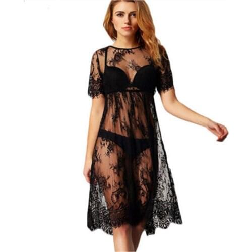 Sexy Women Summer Floral Lace Bikini Cover-Ups Beach Long Dress Sarong Kaftan Lace Black Casual Ladies Female Beach Bathing Suit