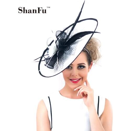 ShanFu Vintage Large Wedding Hats White Feather Fascinators Headband for Women Tea Party tocados sombreros bodas SFC12390
