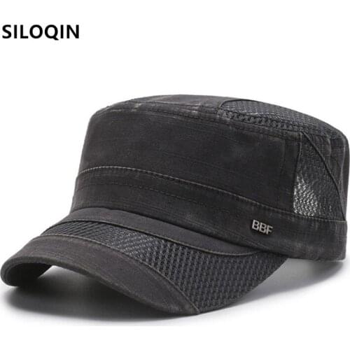 SILOQIN Summer Men Breathable Mesh Military Hats Snapback Cap Adjustable Size Washed Cotton Navy Hat Flat Cap Casual Sports Caps