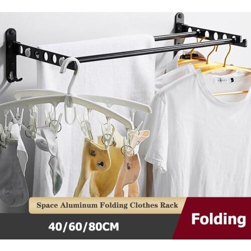 Black Folding Drying Rack Wall Mounted Space Saving Clothes Hangers Space Aluminum Clothes Drying Pole Hanger Organization