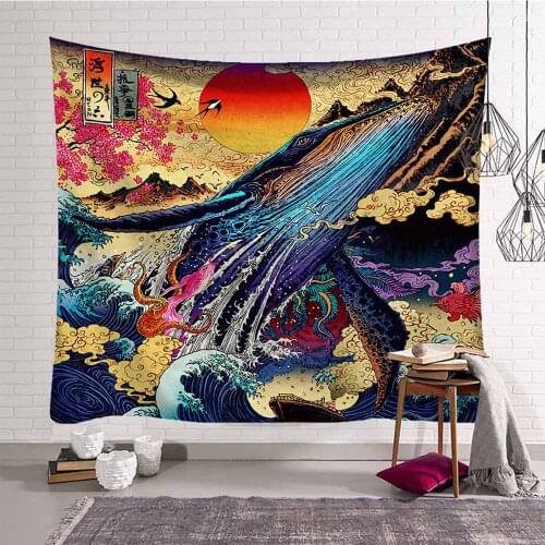 Japanese Psychedelic Ukiyo-e Tapestry Wall Hanging Farmhouse Dorm Decor Colorful Fish Wall Tapestry Thin Beach Towel Bedspread