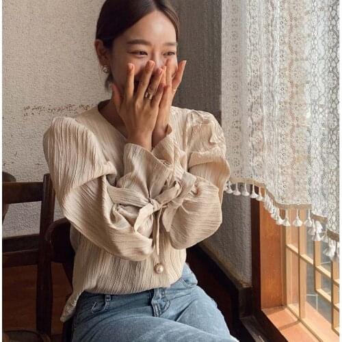 High Quality Loose Vintage All Match Women Shirts Korean 2021 Retro Elegance Casual Sweet Solid Pearls Chic Fresh