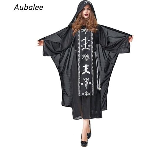Black Wizard Priest Hood Robe Women Halloween Medieval Vampire Mysterious Rune Costume Carnival Female Gothic Fantasy Dress