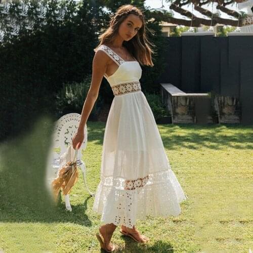 Women Open Back Thin Shoulder Strap High Waist 2021 Summer Comfortable Dress Women White Cotton Elegant Lace Hollow Long Dress