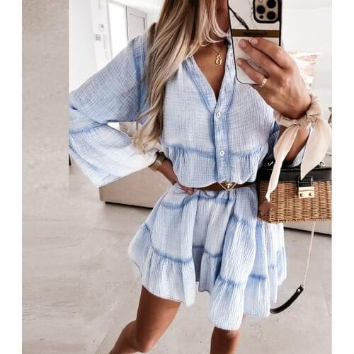 WYWMY Sexy Women V Neck Button Mini Dress Fashion Elegant Long Sleeve Party Dress Casual Spring Summer Solid Lady Ruffle Dresses