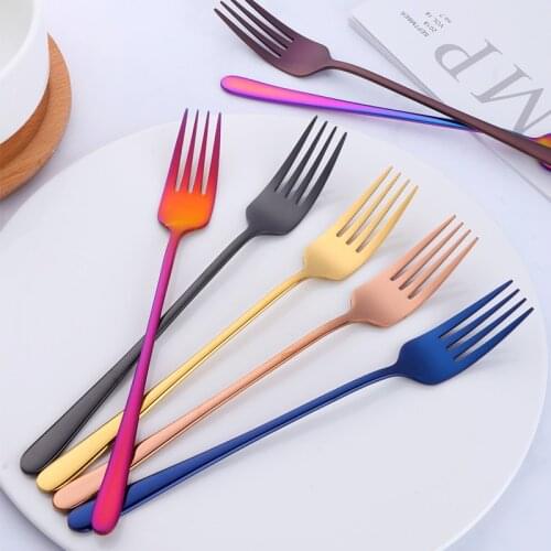 1 Pcs Dinner Fork Stainless Steel Korea Colourful Dessert Fork With Long Handle Rose Gold Home Kitchen Dinnerware