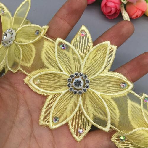 10pcs Yellow 7.5cm Rhinestone Beaded 3D Flower Embroidered Lace Trim Ribbon DIY Fabric Wedding Dress Garment Sewing Craft