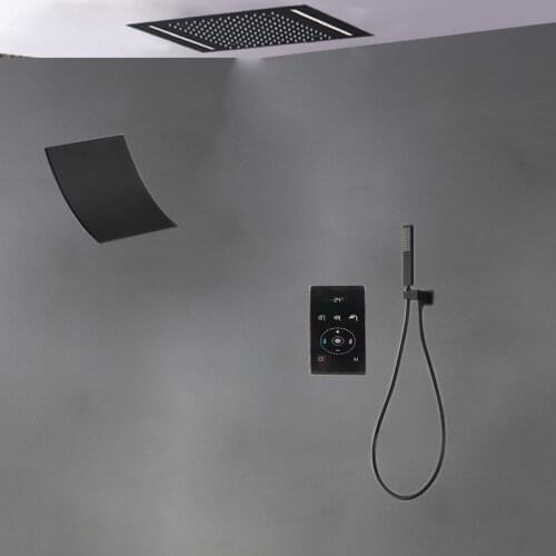 Ceiling Shower Systems Rain Waterfall Showerhead LED Wall Mount Black Bathroom Shower Set Smart Thermostatic Mixer 500x360mm