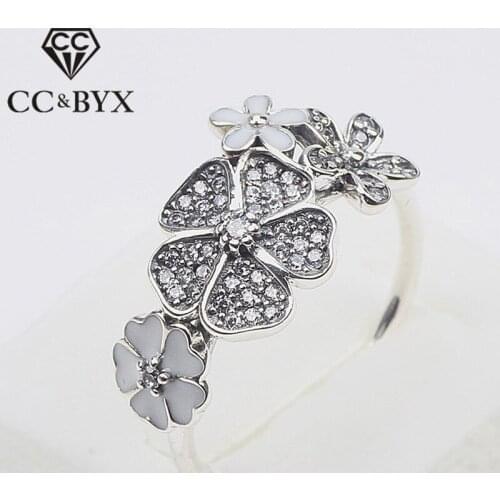 CC S925 Silver Rings For Women Cherry Blossoms Small Daisy Ladies Bijoux Bridal Wedding Jewelry White Gold Color Ringen CC720
