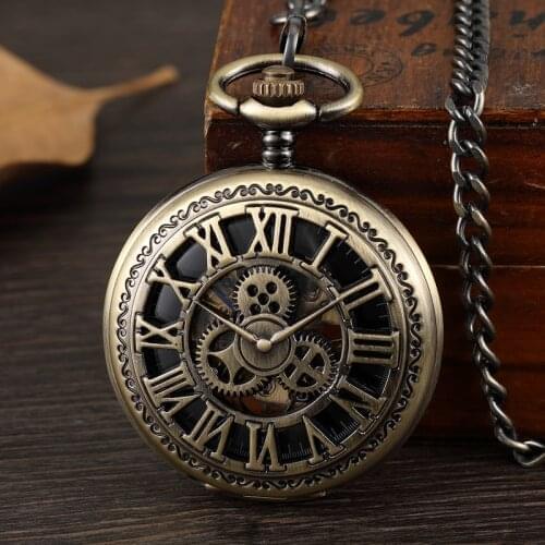 Bronze Silver Mechanical Pocket Watches Mens Steampunk Skeleton Fob Watches Clip Chain Clock Gifts For Men Reloj De Bolsillo