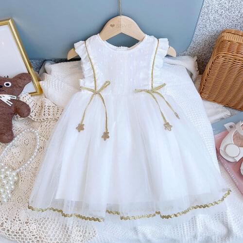 2021 Girls Baby White Summer Dress Kids Ruffles Sequins Star Mesh Tutu Dresses Children Birthday Princess Birthday Party Clothes