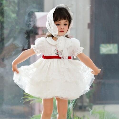 Spanish Baby Dresses Toddler Girls Bouqitue Clothes White Infant Spain Lolita Dress Children Birthday Baptism Ball Gown
