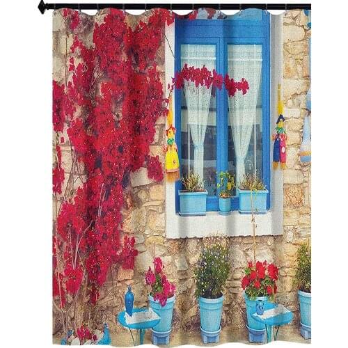 Italian Design Mediterranean House with Greek Windows Print Waterproof Shower Curtains for Bathroom