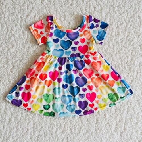 2020 Hot Sale RTS wholesale Baby Toddler Girls Colorful Heart Designer Clothes Boutique Short Sleeve Dresses Cute Outfits