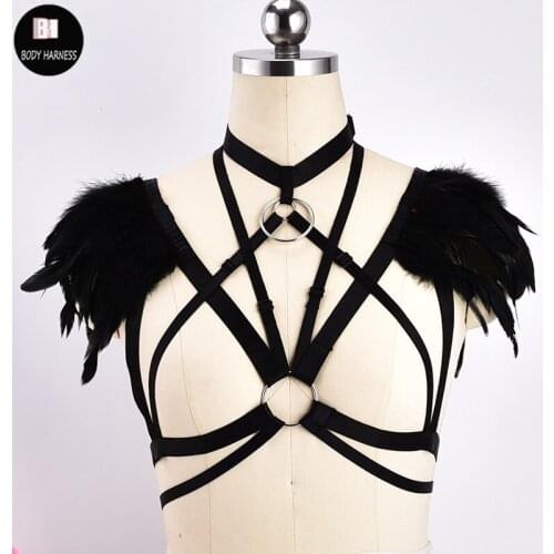 Fashion Feather Wings Goth Body Harness Epaulettes Bra Bondage Shoulder BurningMan Pole Dance Rave Sexy Lingerie Feather Harness