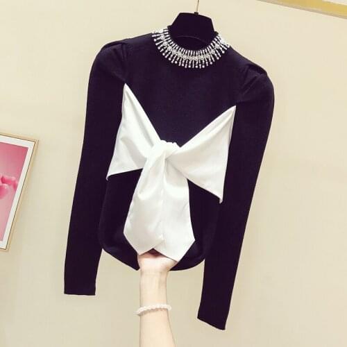 2021 Spring New Heavy Industry Beads Collar Temperament Bow Tie Slim-Fit Sweater Womens Knit Shirt Girls Knitwear Lady Sweaters