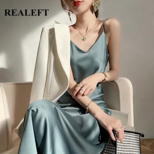 REALEFT 2021 New Summer Sexy Satin V Neck Womens Dress Solid Spaghetti Strap Sleeveless Backless Minimalism Female Party Dress