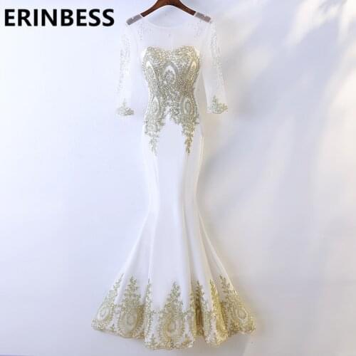 Vestido De Festa Sexy See Through Real Photo Gold Mermaid Prom Dresses Appliques Beaded Scoop Neck 3/4 Sleeve Evening Gowns