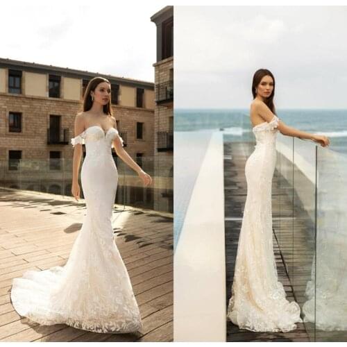 New Mermaid Wedding Dresses Sexy Off Shoulder Lace Appliques Bridal Gowns Beach Sweep Train Wedding Dress robes de mariée